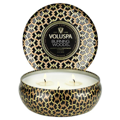 Voluspa 3-Wick Tin Candle Burning Woods 40h