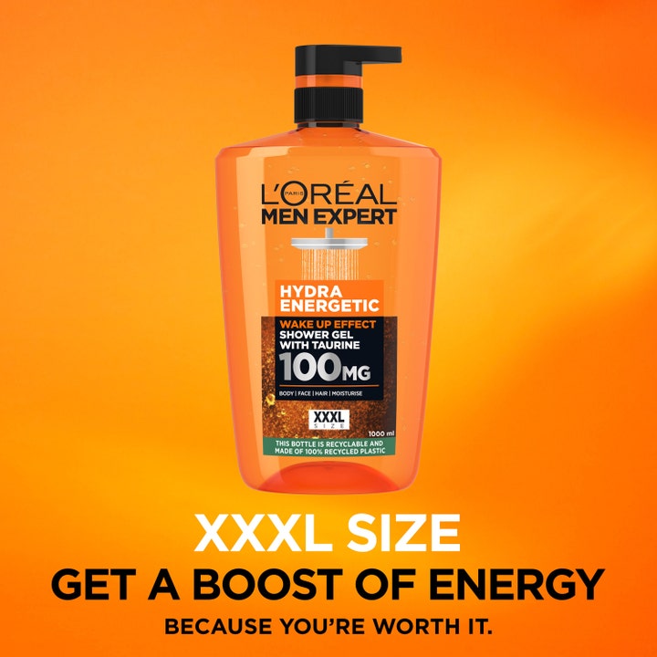 L'Oréal Paris Men Expert Hydra Energetic Shower Gel 1000 ml gir energi i en oransje XXXL pumpeflaske med taurin