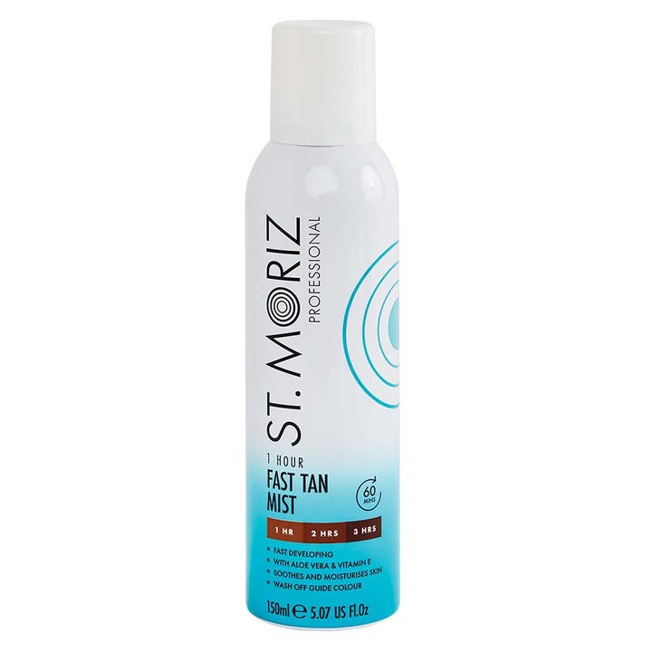 St. Moriz Professional 1 Hour Fast Tan Mist 150ml selvbruningsspray gir rask glød i hvit flaske med blå gradient