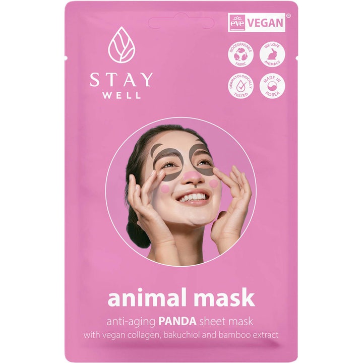 Stay Well Animal Mask Anti-aging Panda Sheet Mask 1 stk gir spenst i rosa pakning med kvinne i pandamaske