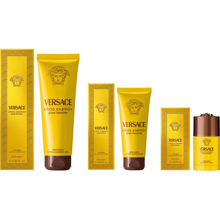 Versace Eros Energy 75 ml deostick for menn i gul hylse med bronsefarget lokk og ikonisk Medusa-logo.