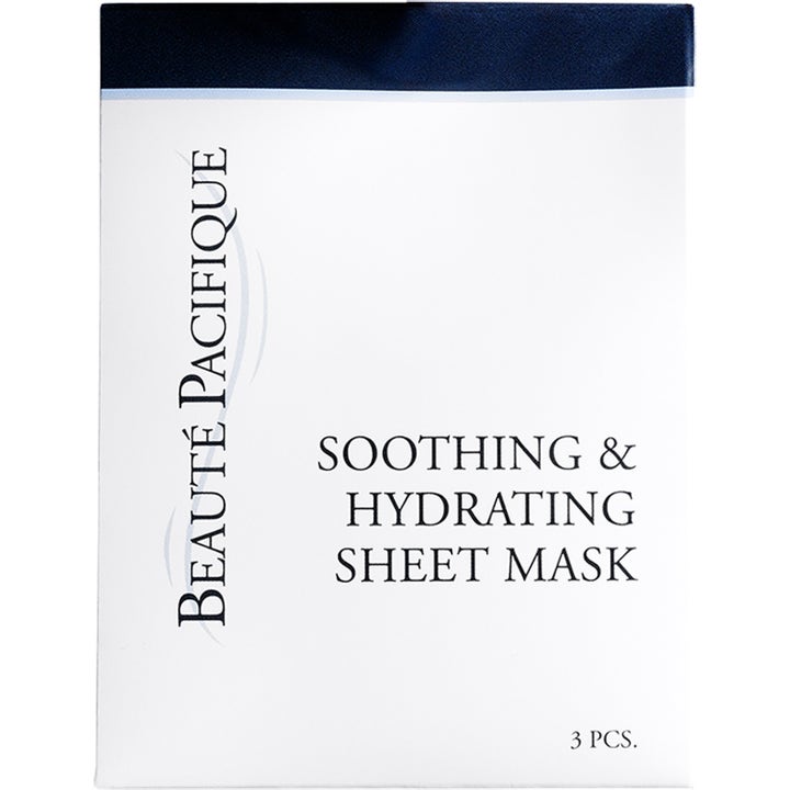 Beauté Pacifique Soothing & Hydrating Sheet Mask 3 stk fuktighetsgivende ansiktsmaske i hvit eske med mørkeblå kant.