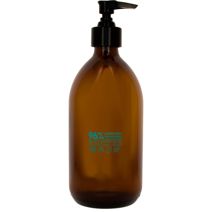 Compagnie de Provence Liquid Marseille Soap Mint Basil 495 ml flytende håndsåpe i ravfarget flaske med sort pumpe.
