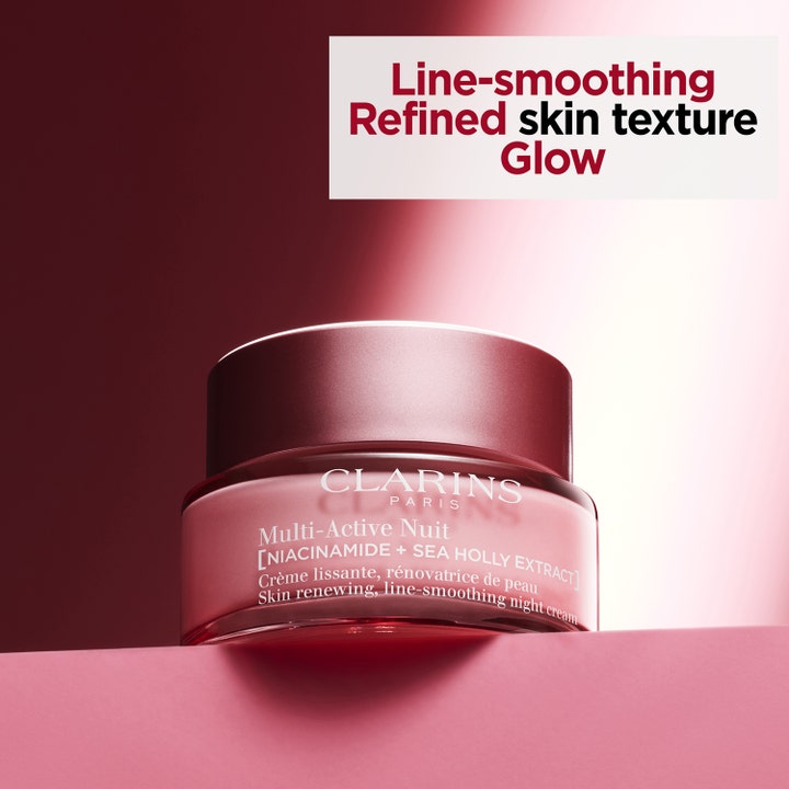 Clarins Multi-Active Nuit 50 ml nattkrem i rosa glasskrukke med niacinamid som gir glow og line-smoothing effekt.