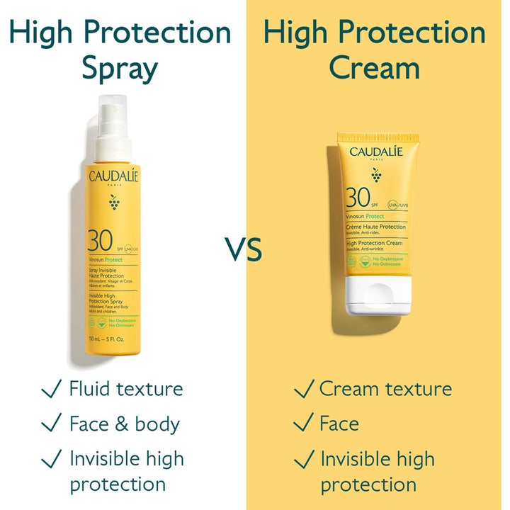 Caudalie Vinosun High Protection Spray SPF30 150 ml solkrem sammenligner flytende spray mot kremtekstur.