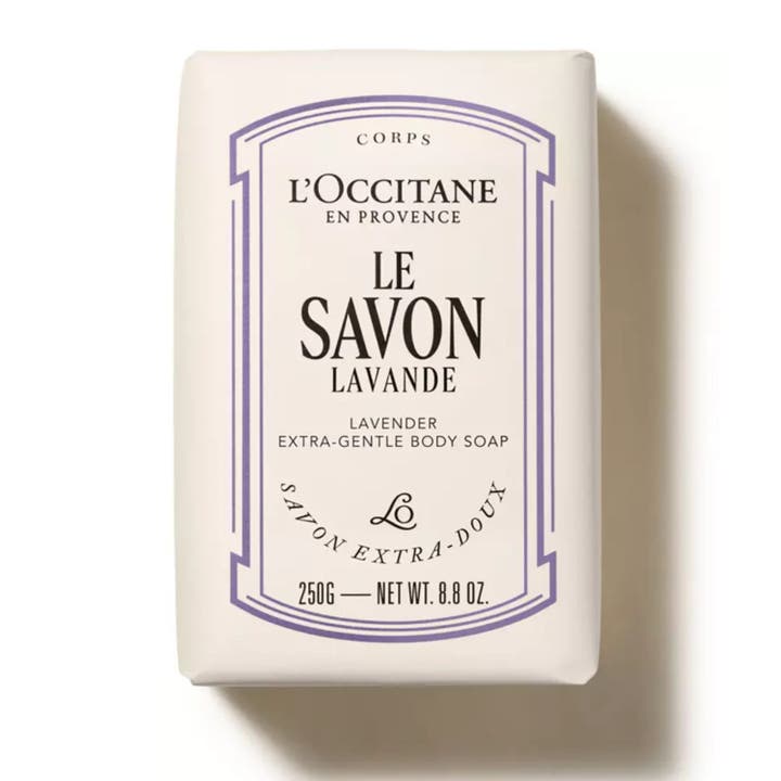 L'Occitane Shea Lavender Extra Gentle Soap 250g mild og pleiende såpe i papiremballasje med lilla midtbånd og sirkellogo