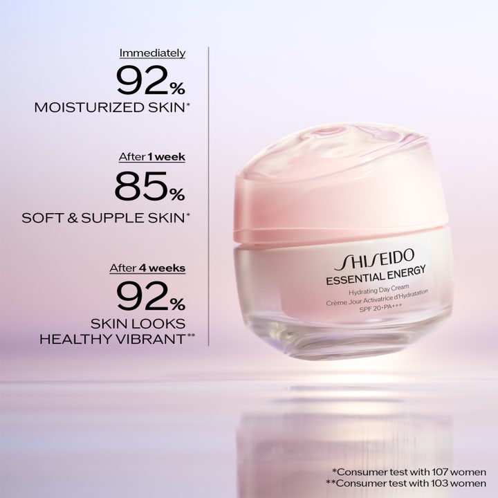 Shiseido Essential Energy Hydrating Day Cream 50 ml fuktighetsgivende dagkrem i rød glasskrukke med åpent lokk