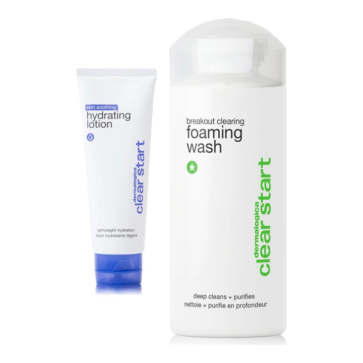 Dermalogica Clear Start rens og fuktighetskrem mot kviser i hvit flaske og tube med frisk grønn og lilla skrift