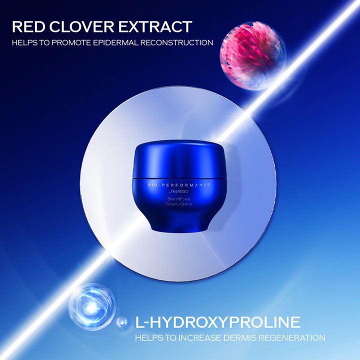 Shiseido BioPerformance Skin HiForce Cream 50 ml gjenoppbyggende ansiktskrem med rødkløverekstrakt i blå krukke