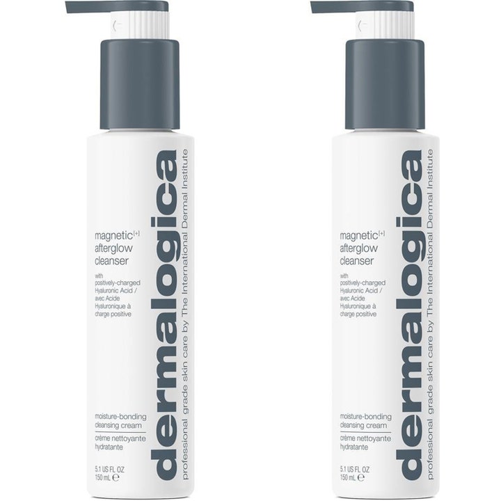 Dermalogica magnetic afterglow cleanser 150 ml fuktighetsgivende rensekrem i to hvite flasker med grått pumpelokk