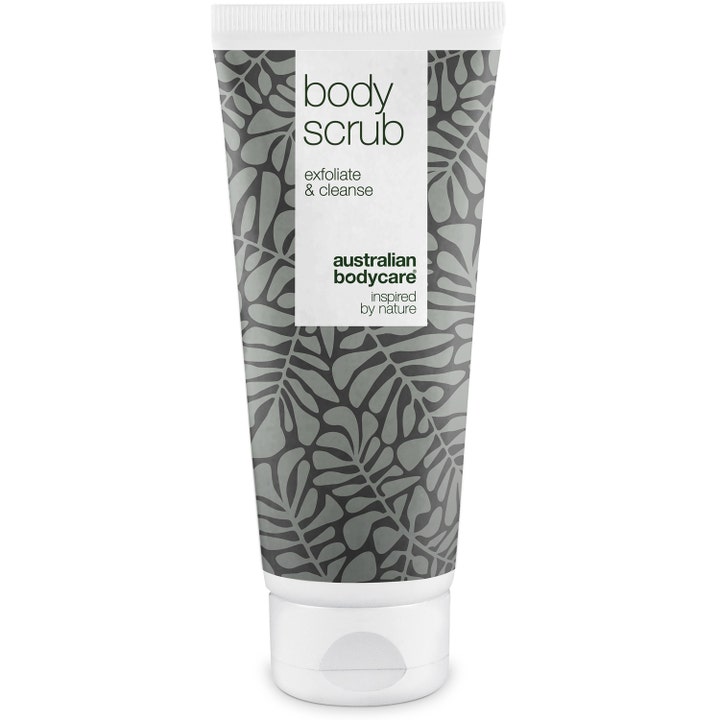 Australian Bodycare Body Scrub 200 ml eksfolierende kroppsskrubb i hvit tube med grått bladmønster