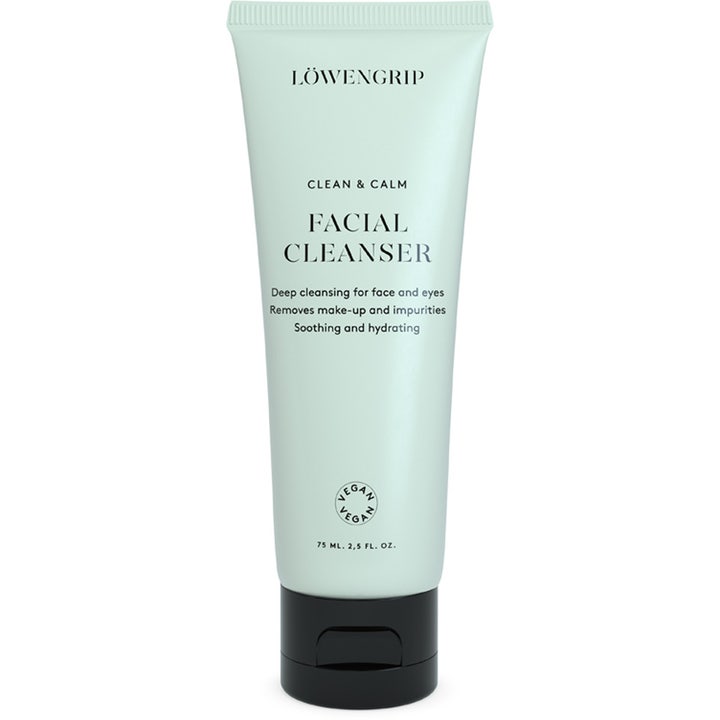 Löwengrip Clean & Calm Facial Cleanser 75 ml beroligende ansiktsrens i lysegrønn tube med sort lokk.