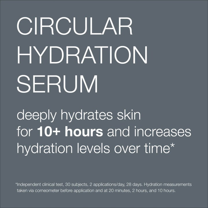 Dermalogica Circular Hydration Serum 10 ml fuktighetsserum med hvit tekst om 10+ timers dyp hydrering på grå bakgrunn