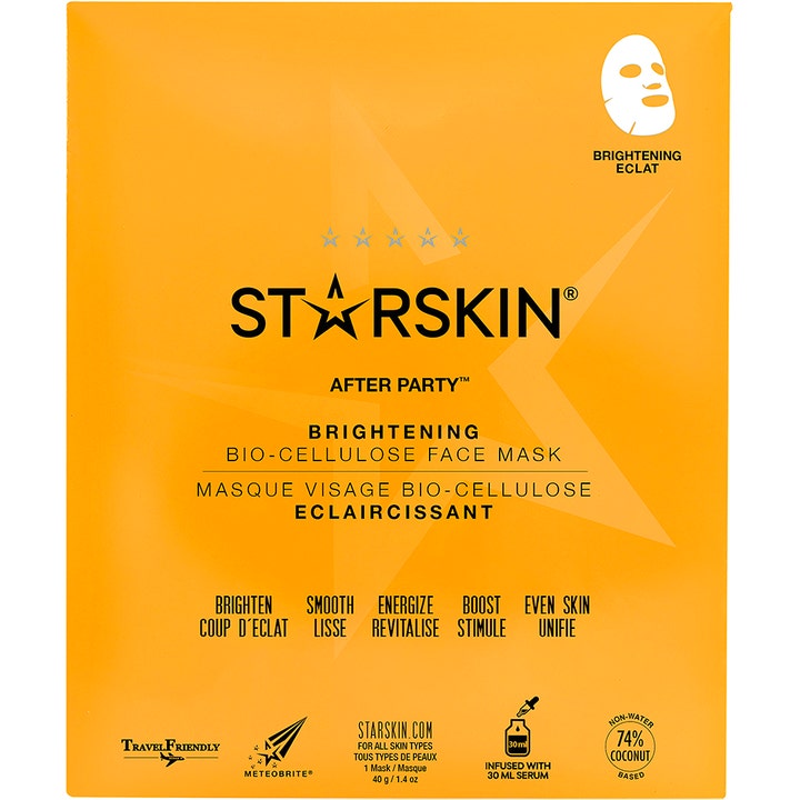 Starskin After Party Brightening Bio-Cellulose Face Mask 40 g glødgivende sheetmaske i gul sachet som gir huden ny energi.