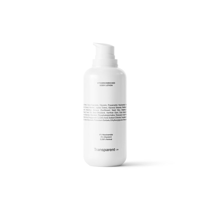 Transparent Lab Vitamin Enriched Body Lotion fuktighetsgivende kroppslotion med niacinamide i hvit pumpeflaske