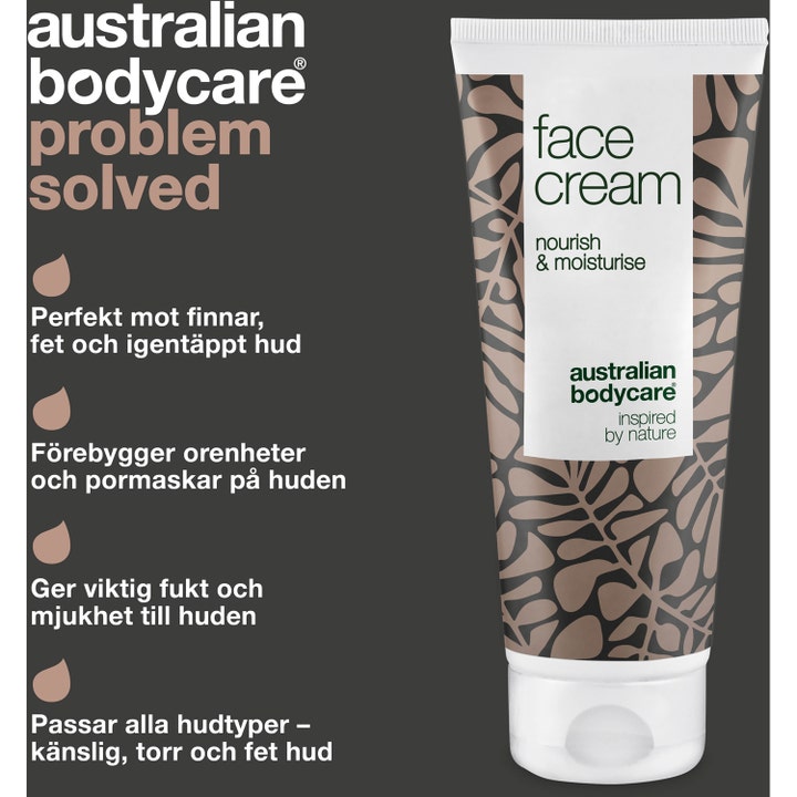 Australian Bodycare Face Cream 100 ml pleiende ansiktskrem mot urenheter i hvit tube med brunt bladmønster