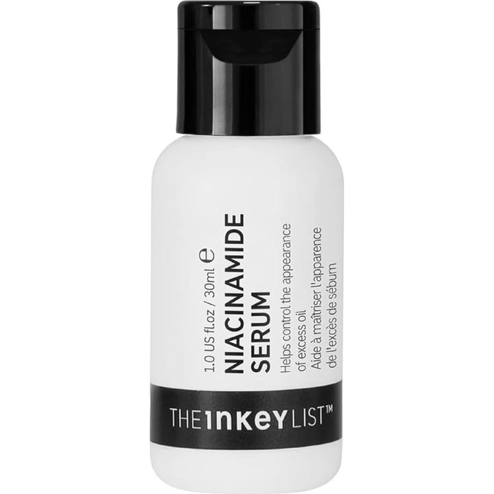 The Inkey List Niacinamide Serum 30ml talgregulerende ansiktsserum i hvit plastflaske med sort flippkork og sort stripe