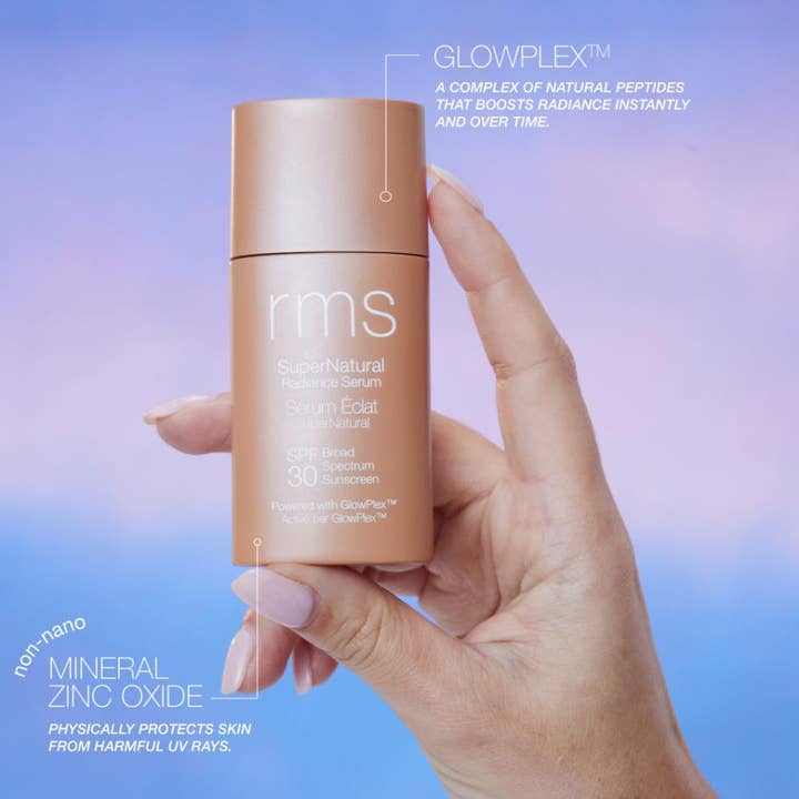 RMS Beauty SuperNatural Tinted Serum 30 ml glødgivende ansiktsserum med SPF 30 og Glowplex i bronseflaske