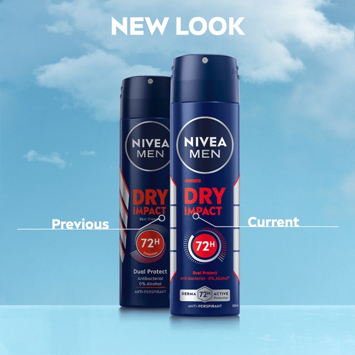NIVEA Men Dry Impact Spray 150 ml deospray gir 72 timers beskyttelse vist med nytt design mot en blå himmel.