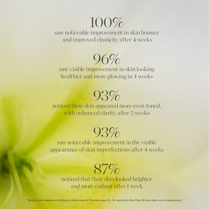 KORA Organics Noni Glow Face Oil 10 ml ansiktsolje gir glød og viser kliniske resultater over en gul blomst.