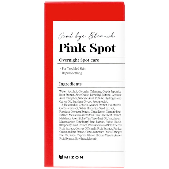 Mizon Good Bye Blemish Pink Spot 19 ml spot treatment mot urenheter i hvit og rød eske med tydelig ingrediensliste