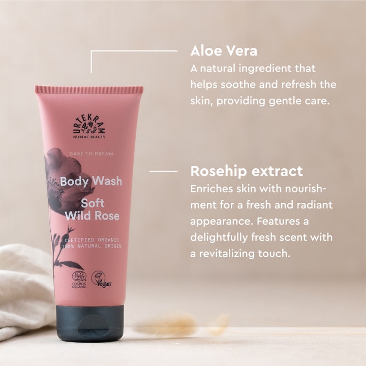 Urtekram Body Wash Soft Wild Rose 200 ml fuktighetsgivende dusjsåpe med beroligende Aloe Vera og nyperoseekstrakt