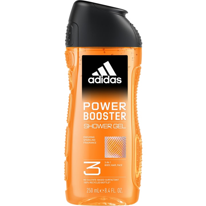 Adidas Power Booster 250 ml dusjgelé som gir energi i en gjennomsiktig oransje flaske med svart kork.