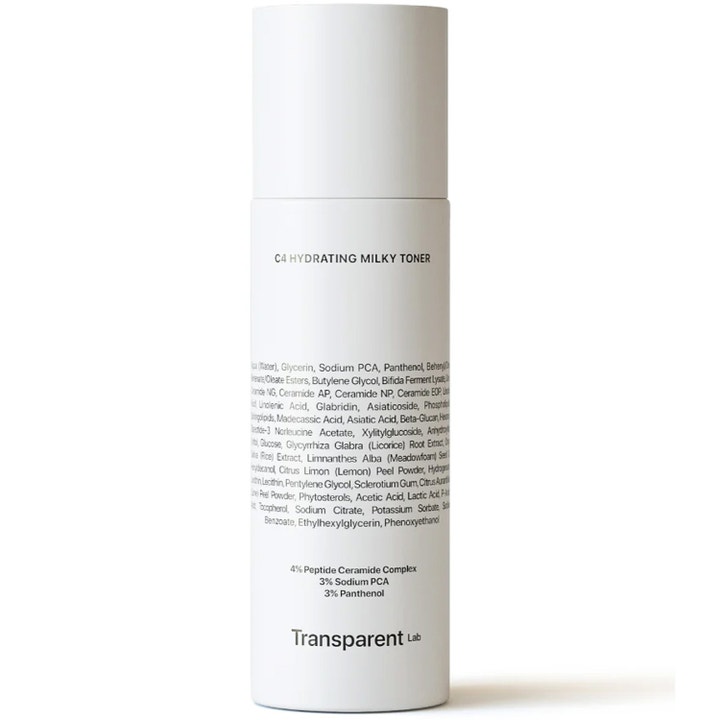 Transparent Lab C4 Hydrating Milky Toner 120 ml fuktighetsgivende ansiktstoner i hvit sylindrisk flaske