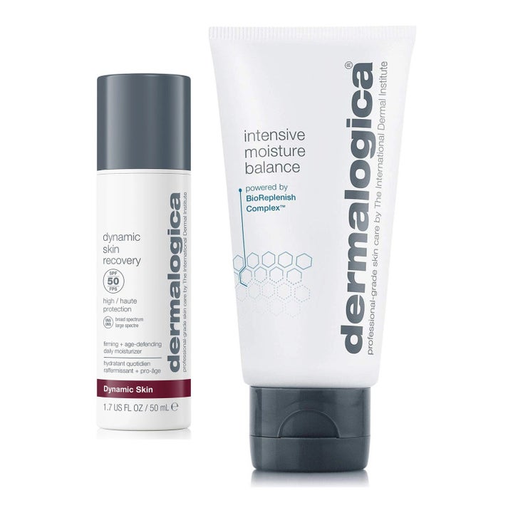 Dermalogica Dynamic Skin Recovery og Intensive Moisture Balance duo i hvit pumpeflaske og tube.
