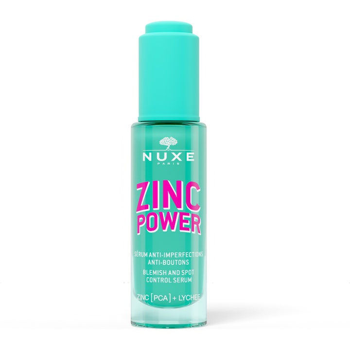 NUXE Zinc Power Blemish and Spot Control Serum mot urenheter i turkis glassflaske med rosa tekst og sink.