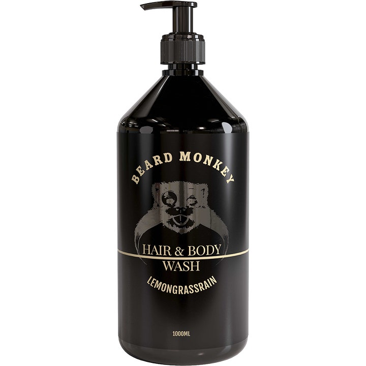 Beard Monkey Lemongrassrain Hair & Body Wash 1000 ml i stor sort pumpeflaske med gulltekst.