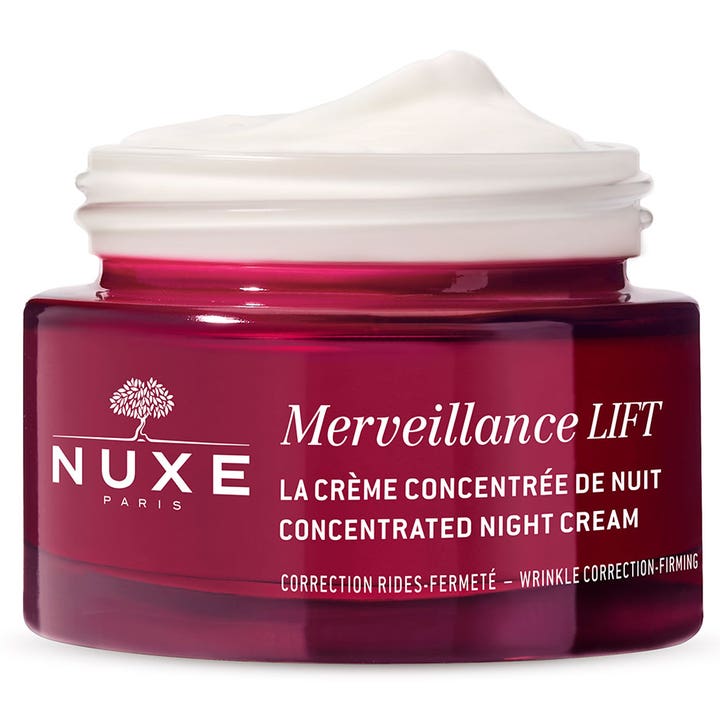 Nuxe Merveillance LIFT 50 ml oppstrammende nattkrem i rød glasskrukke med fyldig hvit kremtekstur.