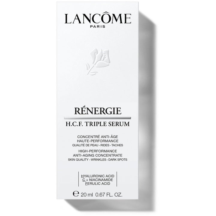 Lancôme Rénergie H.C.F. Triple Serum 20 ml anti-age hudpleie i hvit eske med hyaluronsyre og niacinamid.