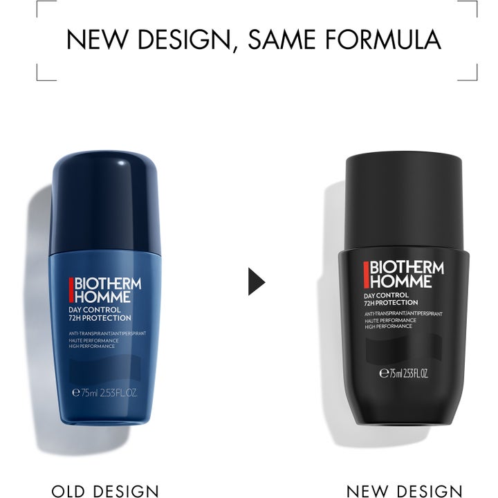 Biotherm Homme 72H Day Control Deodorant 75 ml antiperspirant viser overgangen fra blått til nytt sort design.