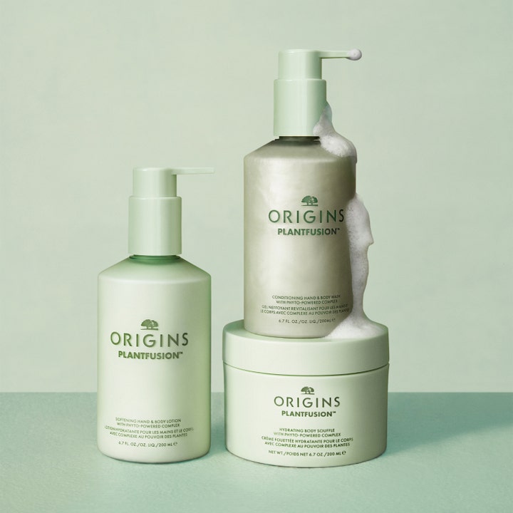Origins Plantfusion Softening Hand & Body Lotion 75 ml fuktighetsgivende kroppspleie i lysegrønne flasker med hvitt skum