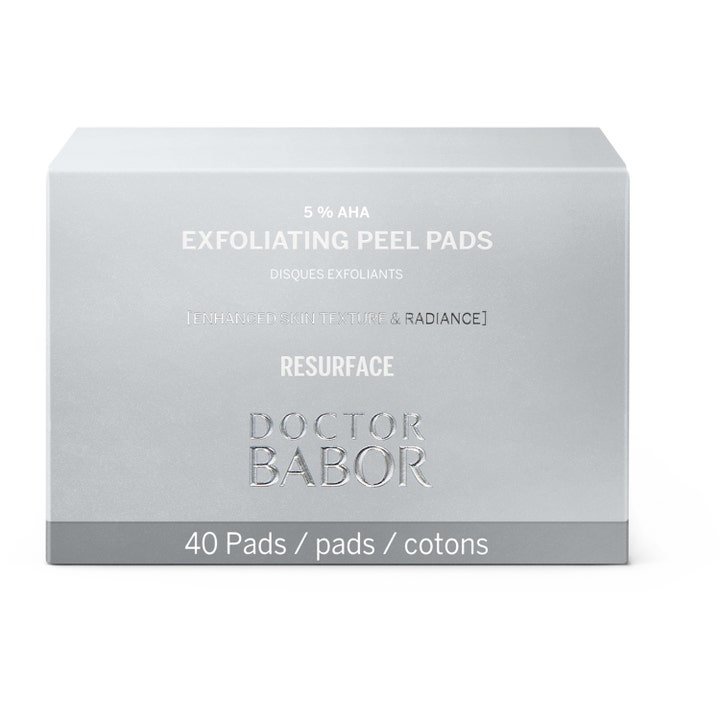Doctor Babor Exfoliating Peel Pads 40 stk ansiktspeeling med 5% AHA i sølvfarget eske som gir huden mer glød