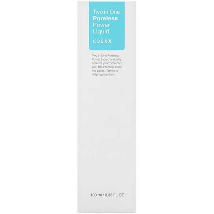 COSRX Two In One Poreless Power Liquid 100 ml toner for porepleie i hvit eske med turkis etikett.
