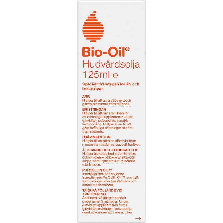 Bio-Oil Bio-Oil 125 ml hudpleieolje mot arr og strekkmerker i hvit pappeske med oransje tekst
