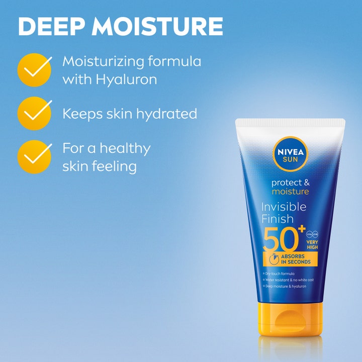 NIVEA Sun Protect & Moisture Invisible Finish 150 ml solkrem SPF 50+ med hyaluron som gir dyp fuktighet