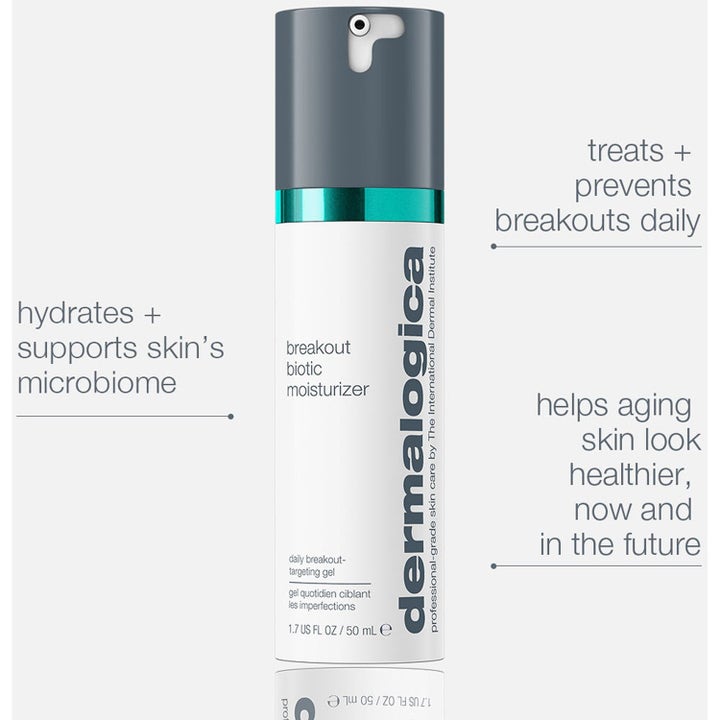 Dermalogica Breakout Biotic Moisturizer 50 ml fuktighetskrem mot urenheter i hvit pumpeflaske med turkis detalj.