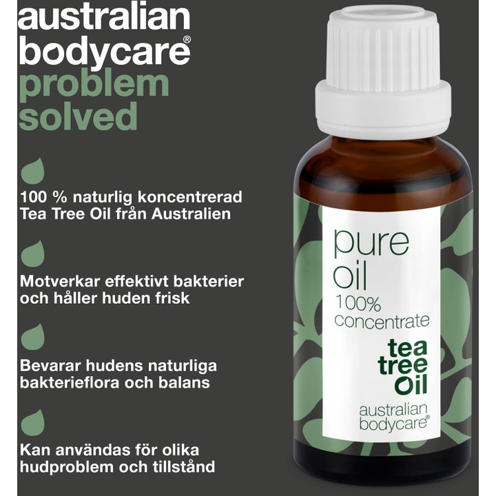 Australian Bodycare Pure Oil 100% Tea Tree Oil 30 ml ansiktsolje motvirker bakterier i brun glassflaske med hvit kork.