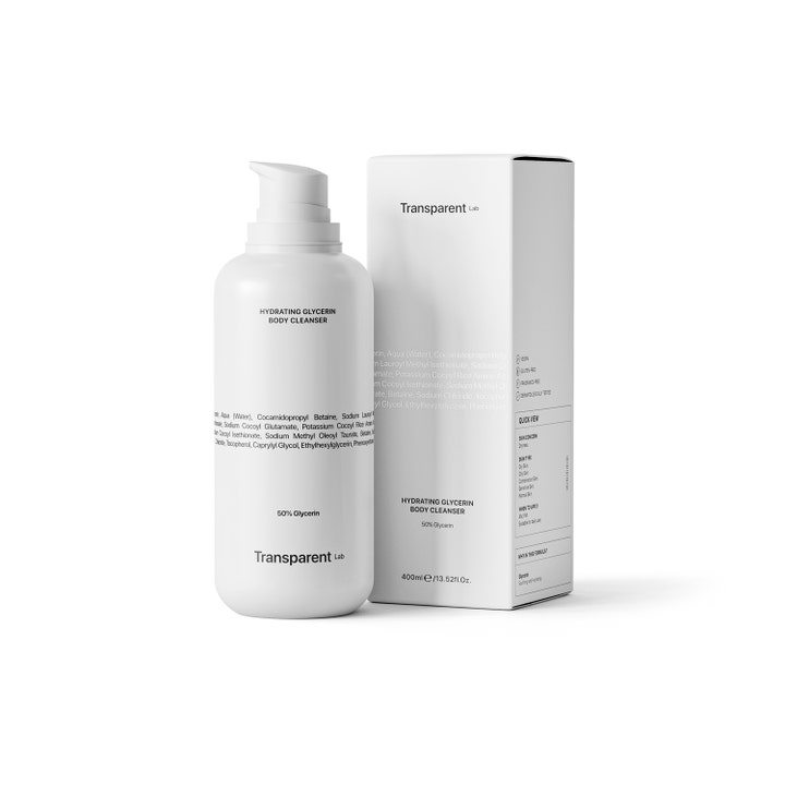 Transparent Lab Hydrating Glycerin Body Cleanser 400 ml fuktighetsgivende dusjsåpe i hvit pumpeflaske og eske