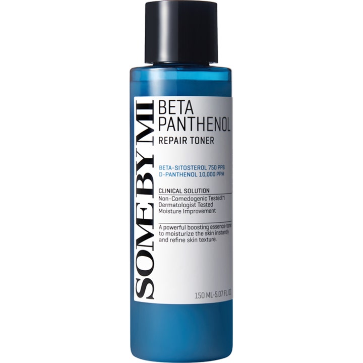 SOME BY MI Beta Panthenol Repair Toner 150 ml reparerende toner i blå gjennomsiktig flaske med sort kork.