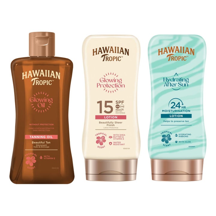 Hawaiian Tropic Glowing Oil og solkremer som gir glød og fuktighet i brune beige og mintgrønne flasker