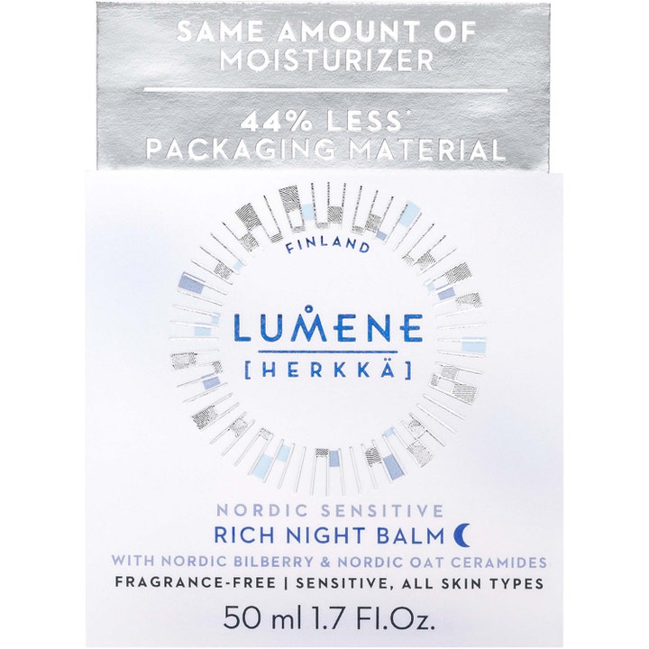 Lumene Nordic Sensitive Rich Night Balm 50 ml beroligende nattkrem i hvit eske med sølvdetaljer