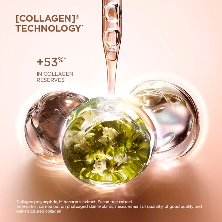 Clarins Extra-Firming Jour 50 ml rynkeutjevnende dagkrem med Collagen Technology og botaniske ekstrakter i gylne kuler.