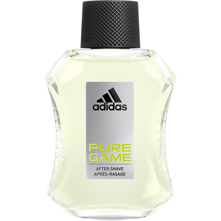 Adidas Pure Game 100 ml aftershave som beroliger huden i en buet glassflaske med svart teksturert kork og sølvdetaljer
