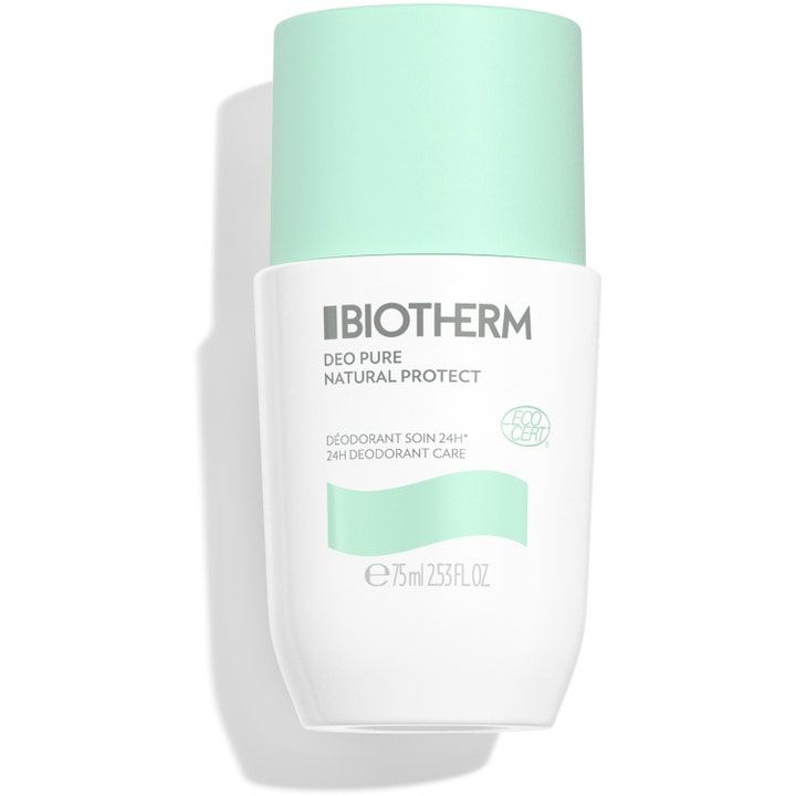 Biotherm Deo Pure Ecocert Roll-On 75 ml pleiende deodorant i hvit innpakning med lysegrønn kork og EcoCert-logo.