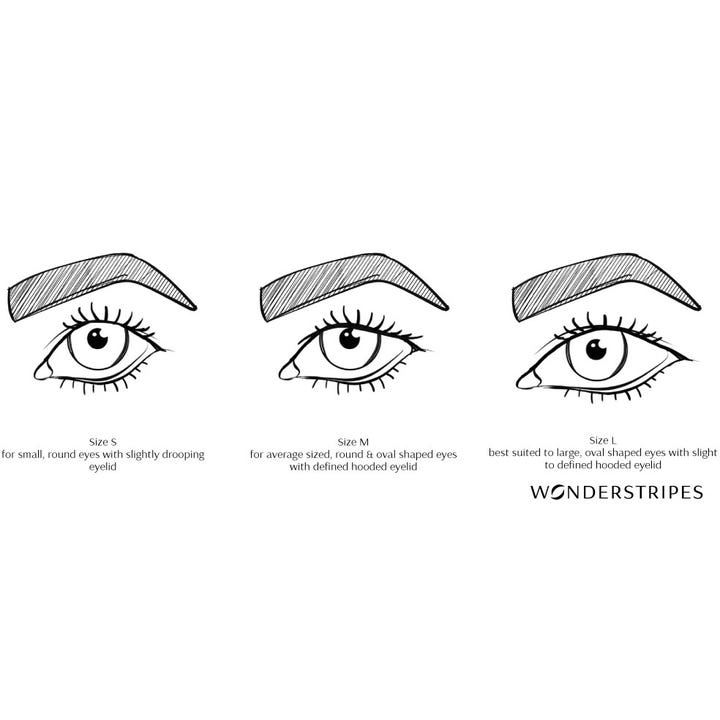 Wonderstripes The Instant Eye Lift 64 stk øyeløft-tape med illustrasjon av størrelse S, M og L.