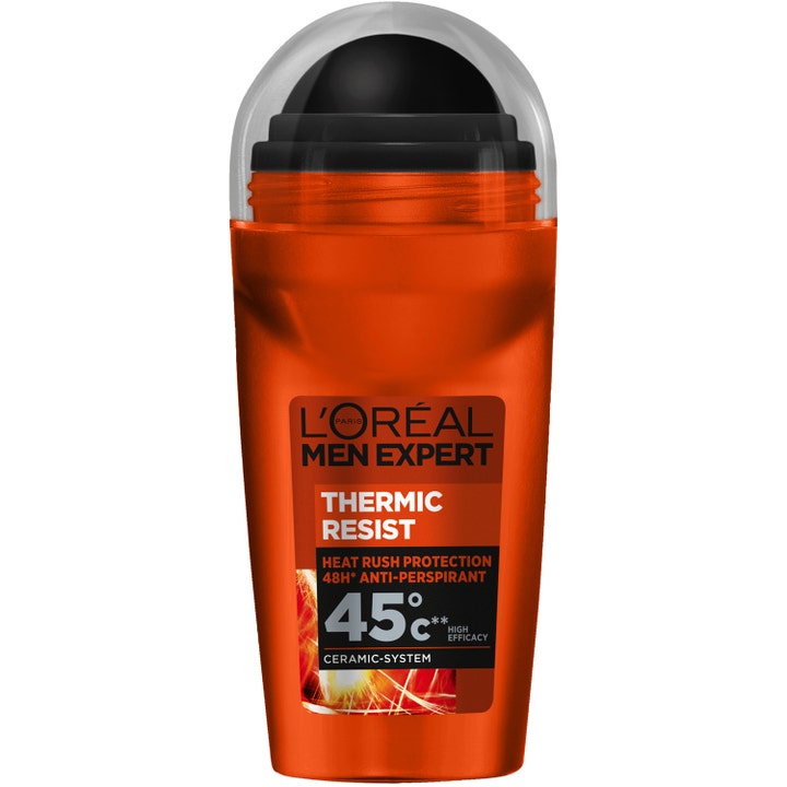 L'Oréal Men Expert Thermic Resist 50ml roll-on gir 48 timers beskyttelse i en oransje beholder med svart kule og klart lokk.